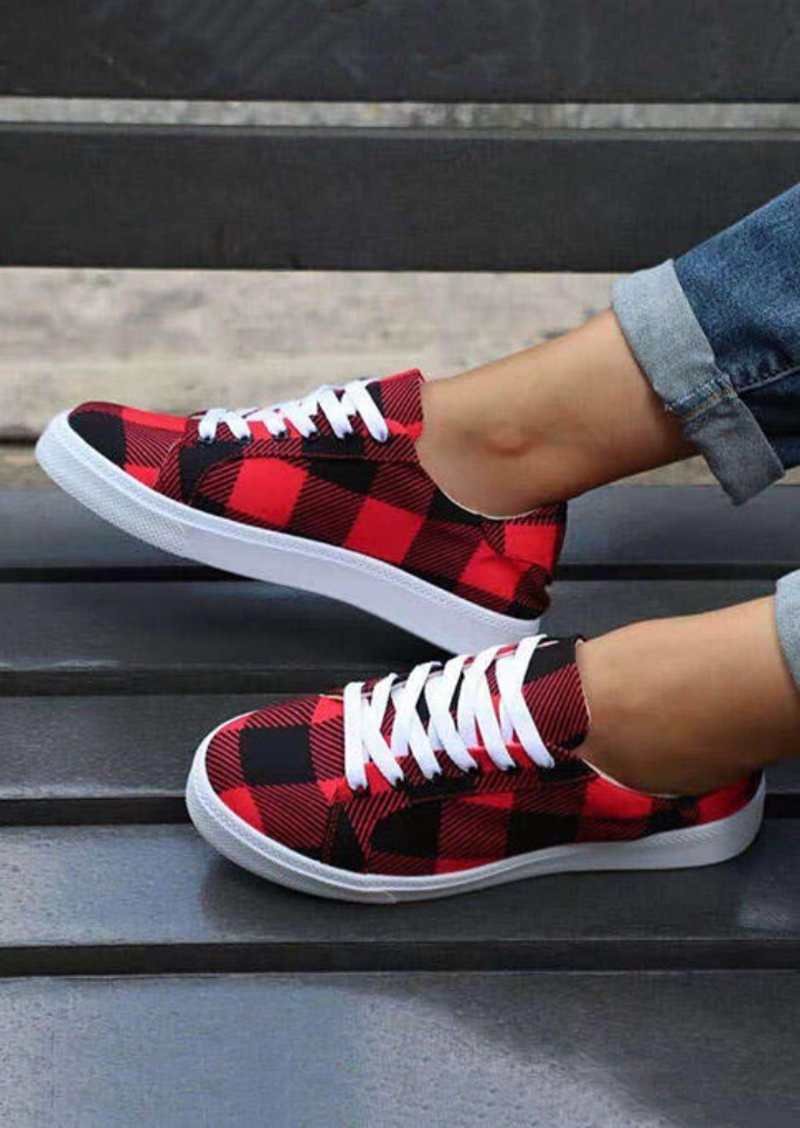 Buffalo Plaid Lace Up Round Toe Flat Sneakers - Red #3