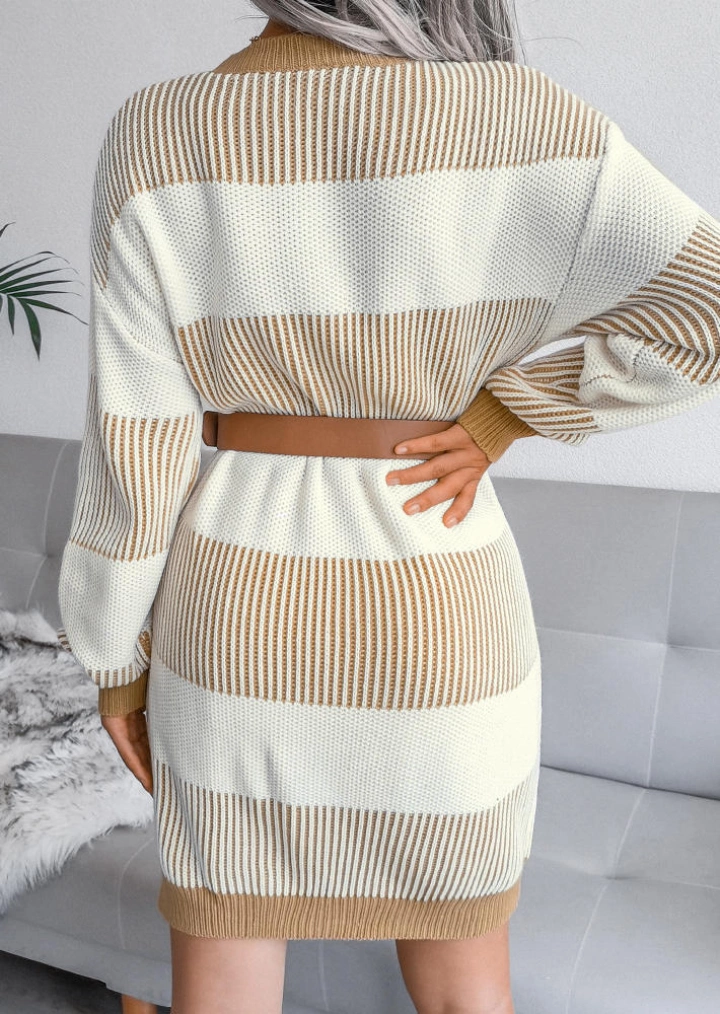 Sweter Z Długim Rękawem W Paski O-Neck Mini Dress-Khaki #3
