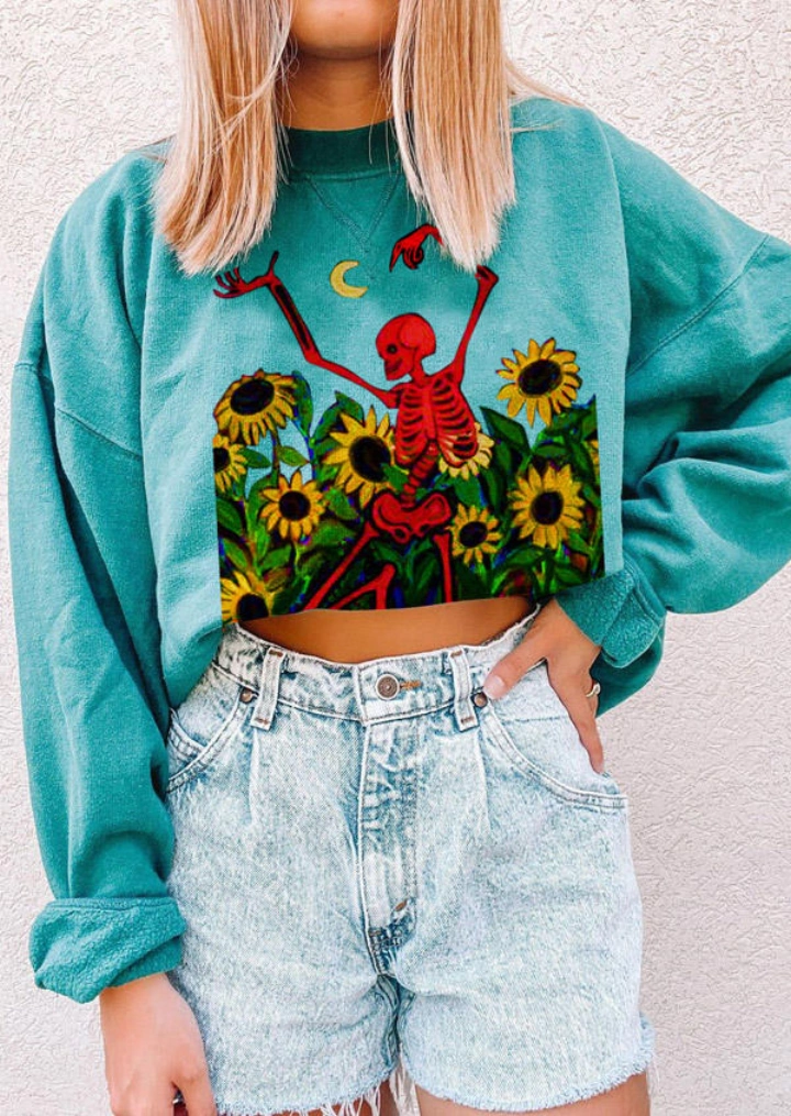 Halloween Skeleton Sunflower Pullover Sweaters-Green #3