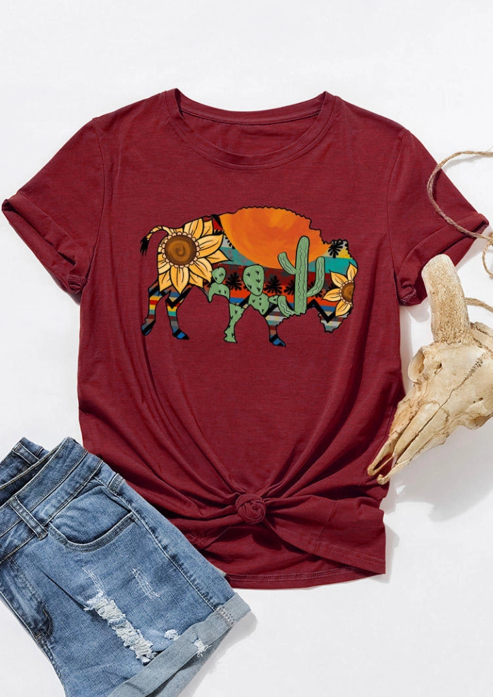 Buffalo Serape a righe Cactus Girasole T-Shirt Tee-Borgogna #1