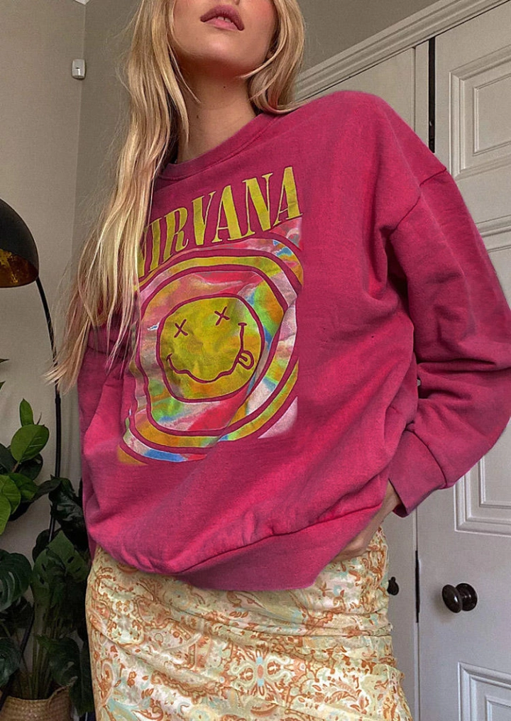 Vintage Nirvana Smile Face Pullover Sweatshirt - Plum #2