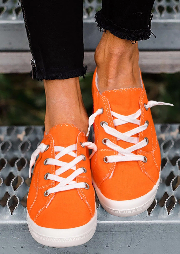 Lace Up Round Toe Flat Sneakers - Orange #1
