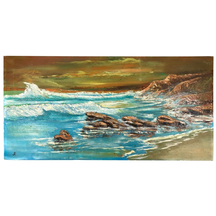 Vintage 1965 Sunset Seascape Oil on Canvas #4 Signed JR #1