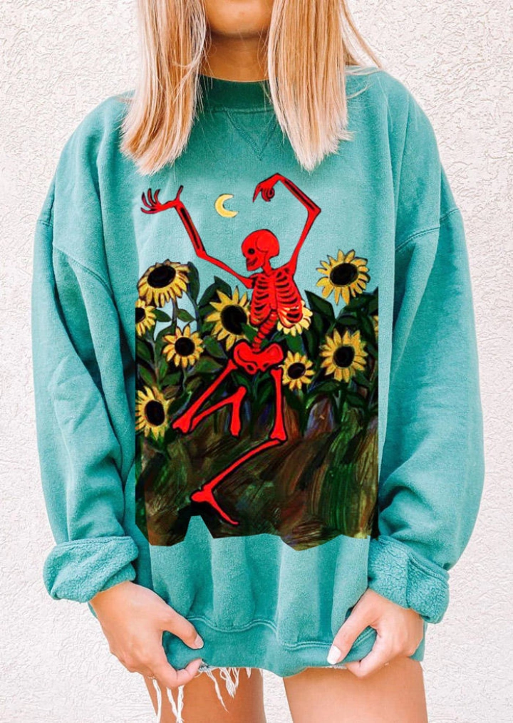 Halloween Skeleton Sunflower Pullover Sweatshirt-Groen #1