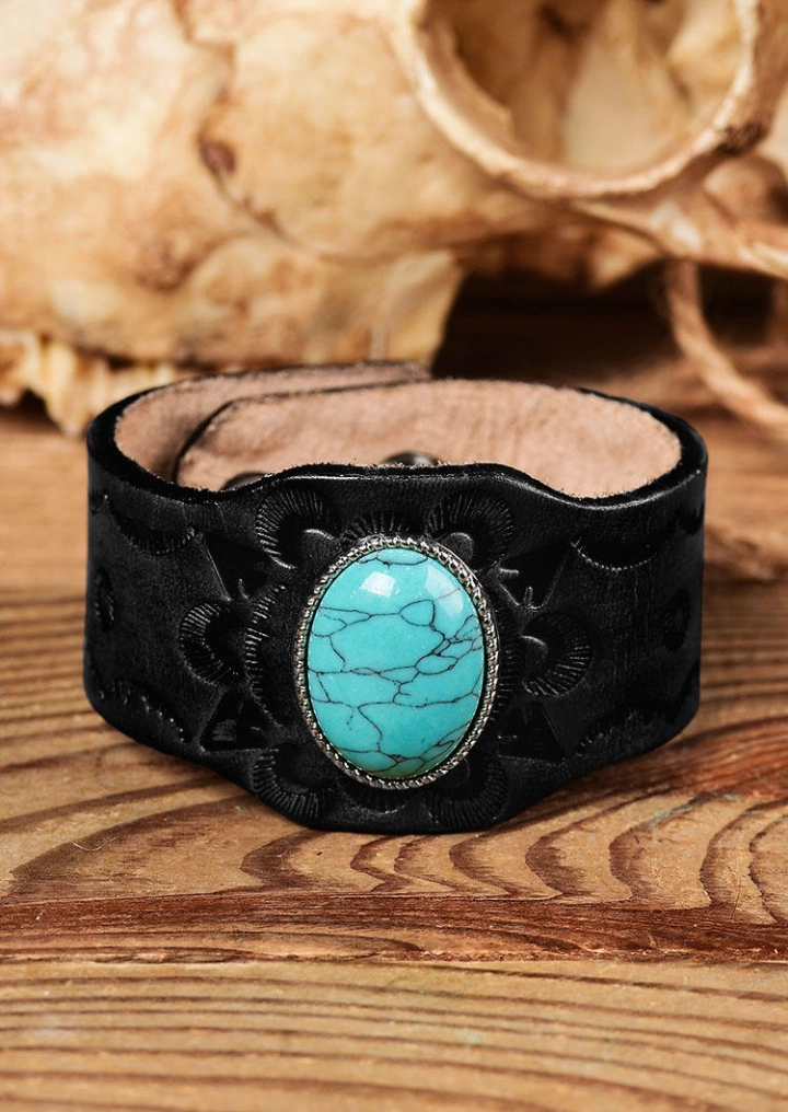 Vintage Turquoise Embossed Wide Leather Bracelet #2