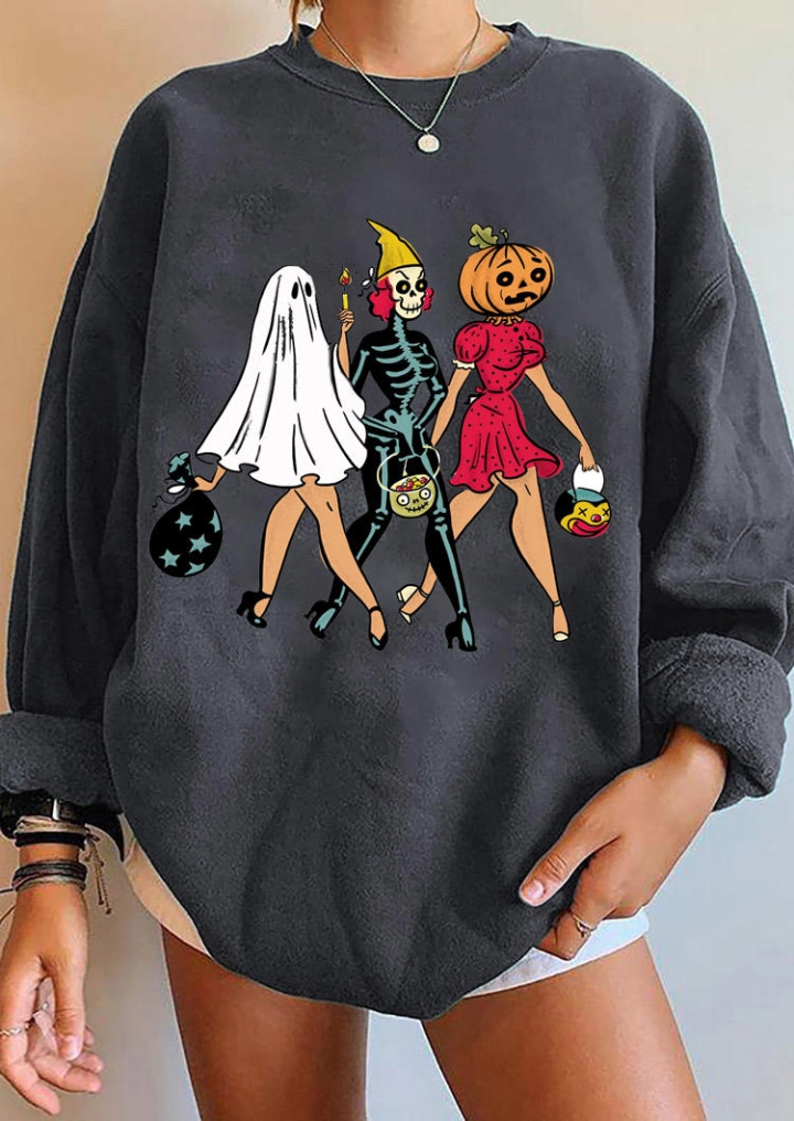 Halloween Pumpkin Face Skeleton Star Sweatshirt - Dark Grey #1