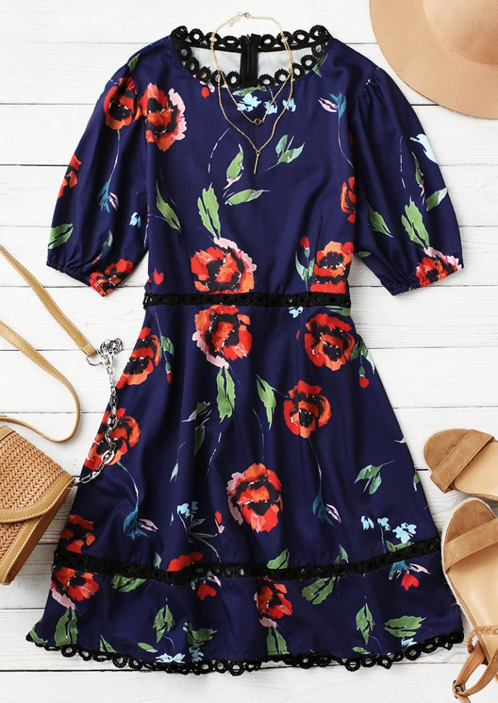 Lace Splicing Floral Mini Dress - Navy Blue #3