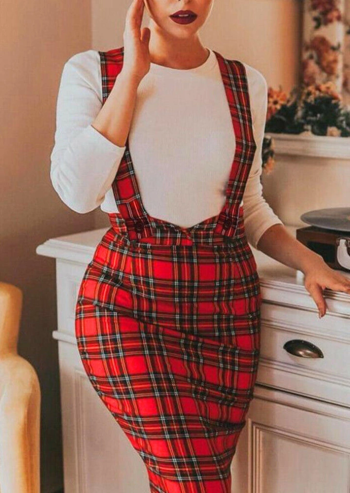 Plaid Overall Mini Bodycon Skirt - Red #2