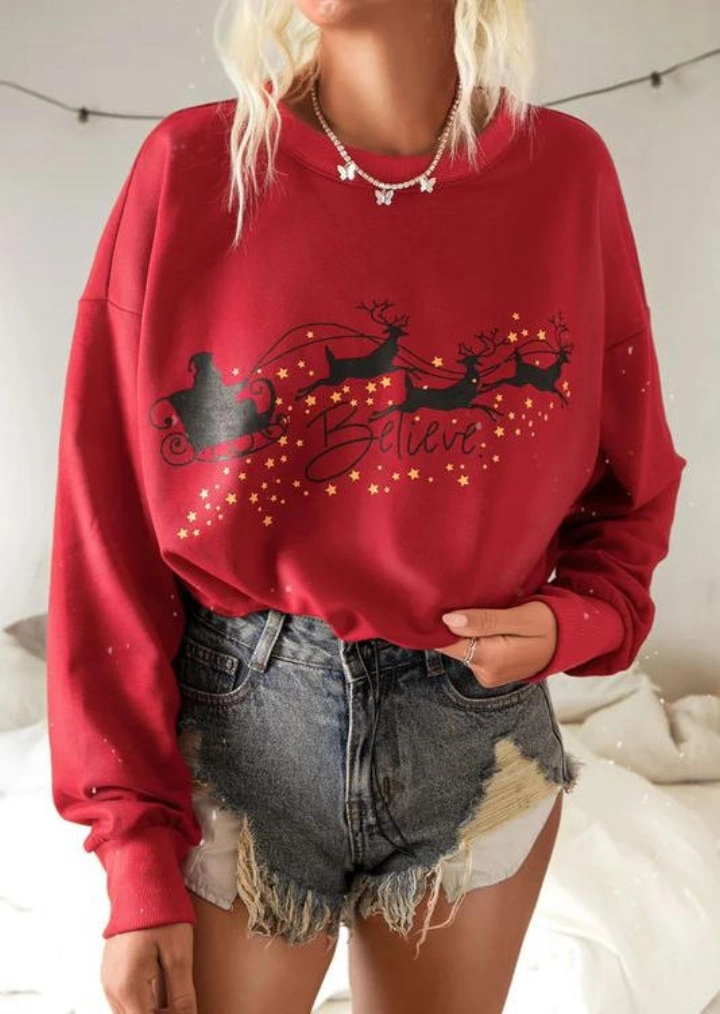 Christmas Reindeer Believe Sweatshirt-Rød #1