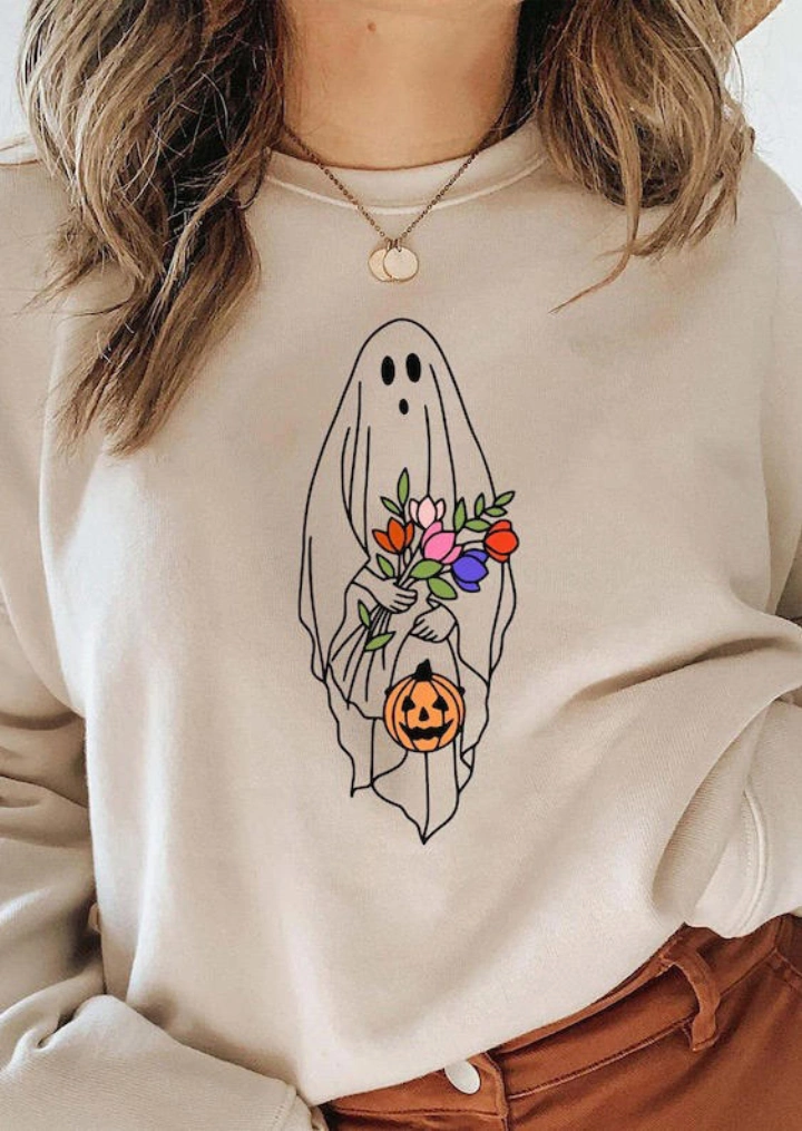 Halloween Pumpkin Ghost Floral Sweatshirt - Beige #5