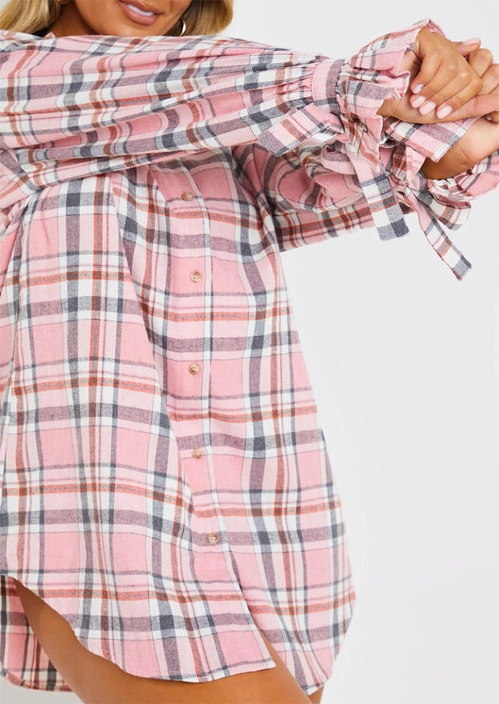 Rutete Ruffled Knapp Skjorte Mini Kjole #3