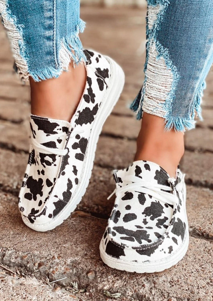 Cow Print Lace Up Round Toe Flat Sneakers #1