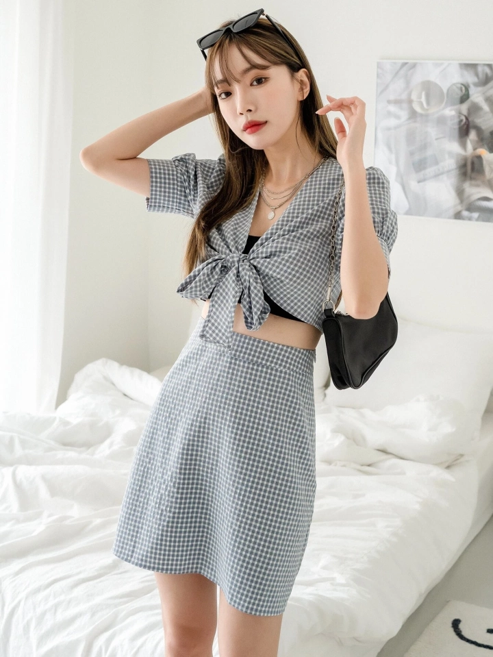 Gingham Tie Front Puff Sleeve Top & Skirt #5