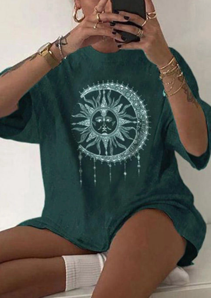 Sun Moon T-Shirt Met O-Hals-Green #1