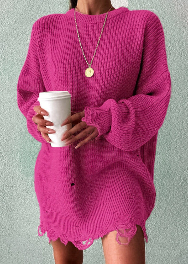 구멍을 드롭 어깨 긴 소매 스웨터 미니 드레스-로즈 레드 #1