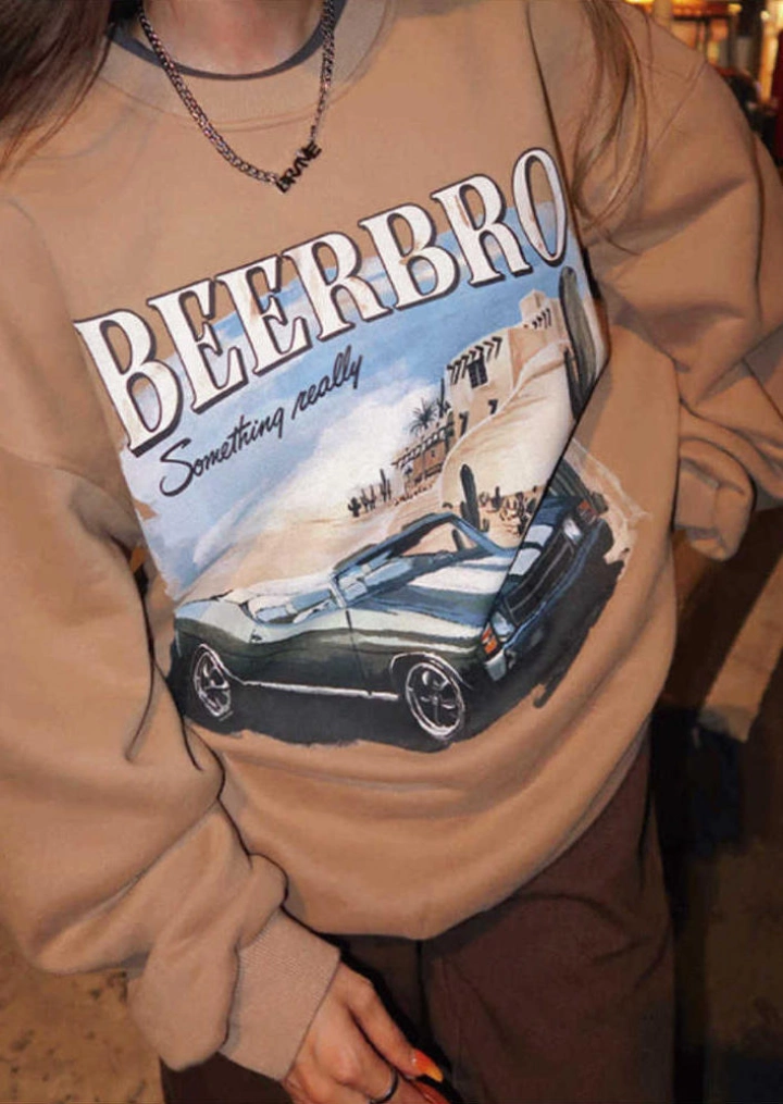 Beerbro Car Loose Long Sleeve Sweatshirt - Dark Khaki #1