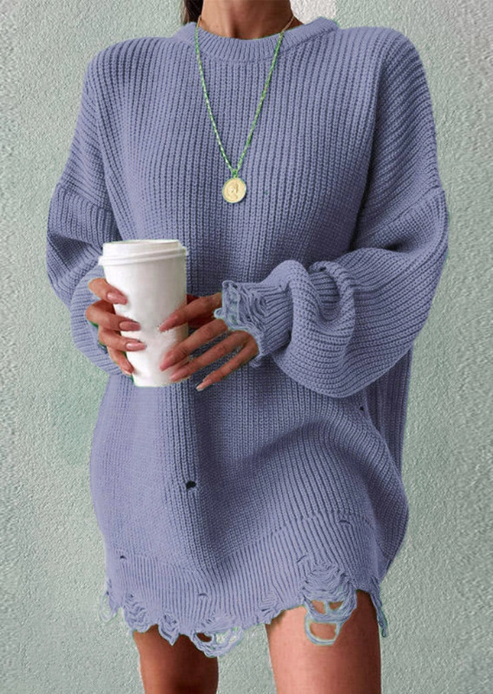 Hole Drop-Shoulder Long Sleeve Sweater Mini Dress - Light Purple #3