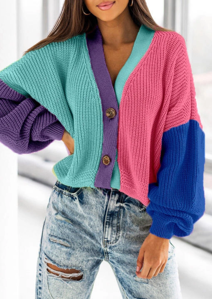 Color Block Long Sleeve Sweater Cardigan - Fluorescent Green #2