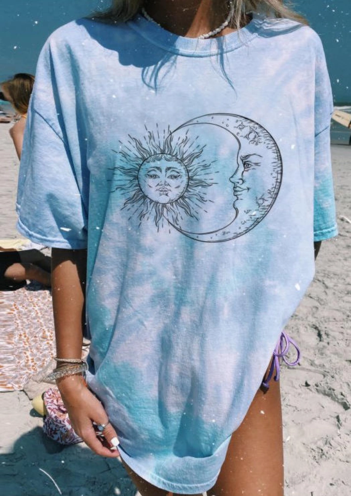 सूर्य चंद्रमा टाई डाई टी शर्ट टी-लाइट ब्लू #1