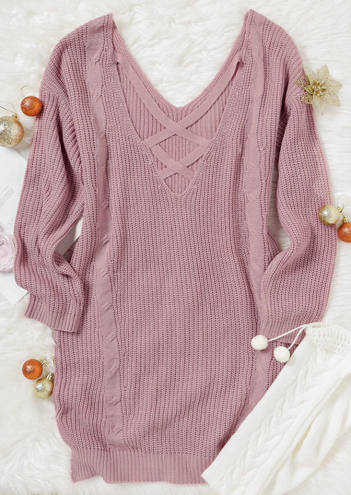 Criss-Cross Open Back Long Sleeve Sweater Mini Dress - Light Pink #6