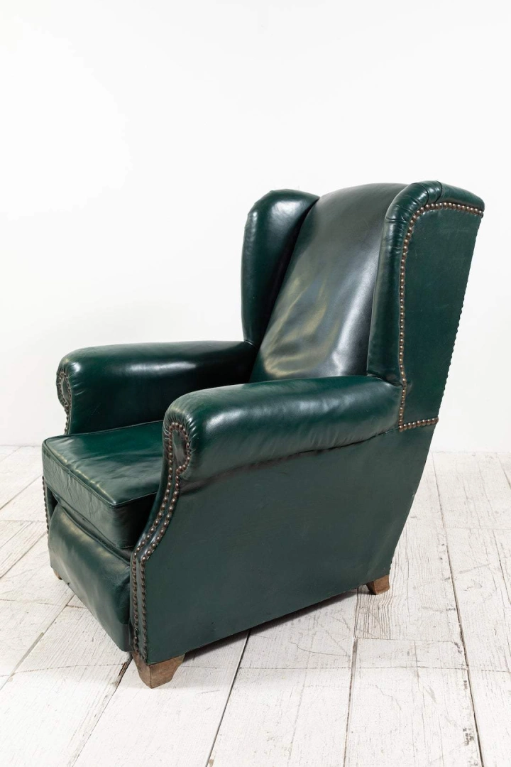 Coppia di sedie Wingback in pelle verde francese #6