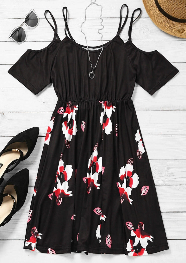 Floral Ruffled Cold Shoulder Mini Dress - Black #3