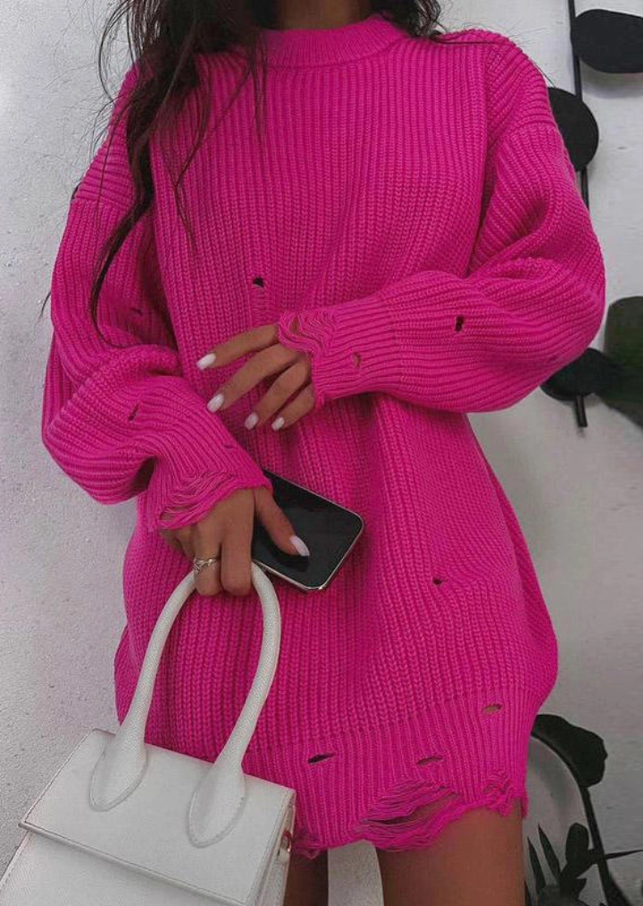 구멍을 드롭 어깨 긴 소매 스웨터 미니 드레스-로즈 레드 #4