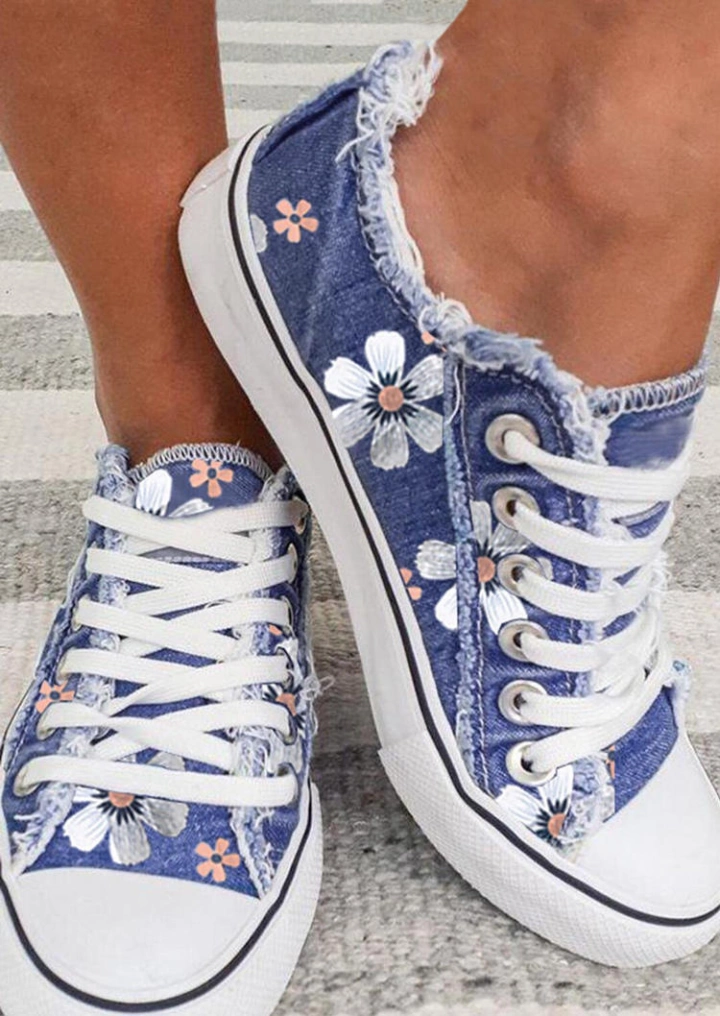 Floral Frayed Hem Lace Up Canvas Sneakers - Blue #1