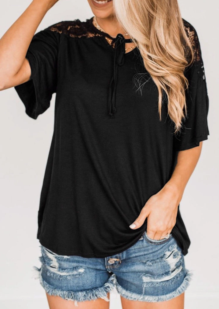 Lace Splicing Hollow Out Tie Blouse - Black #2