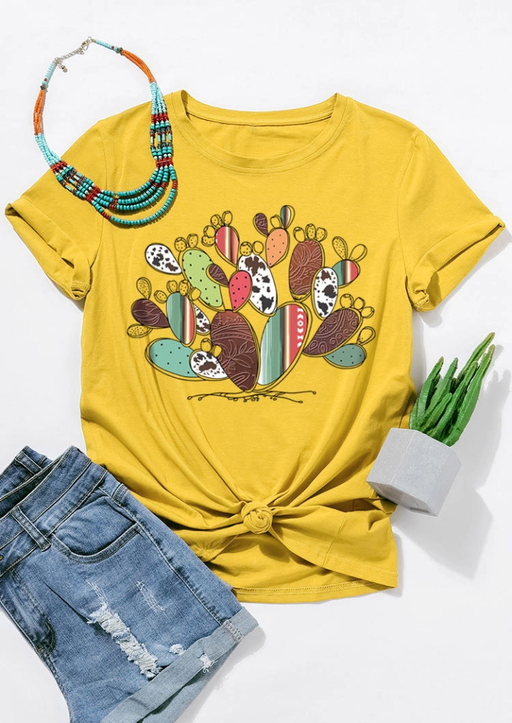 Western Cactus Kuh Oansatz T-Shirt Tee - Gelb #1