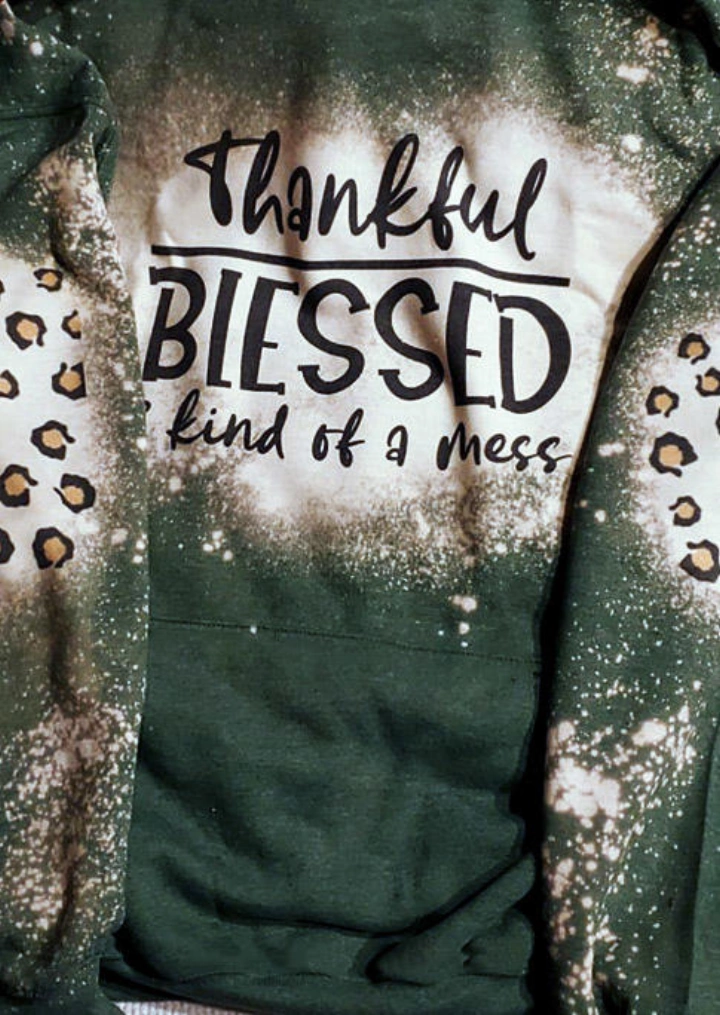Thankful Blessed & Kind Of A Mess Leopard Patch Hoodie-Dark Green #2