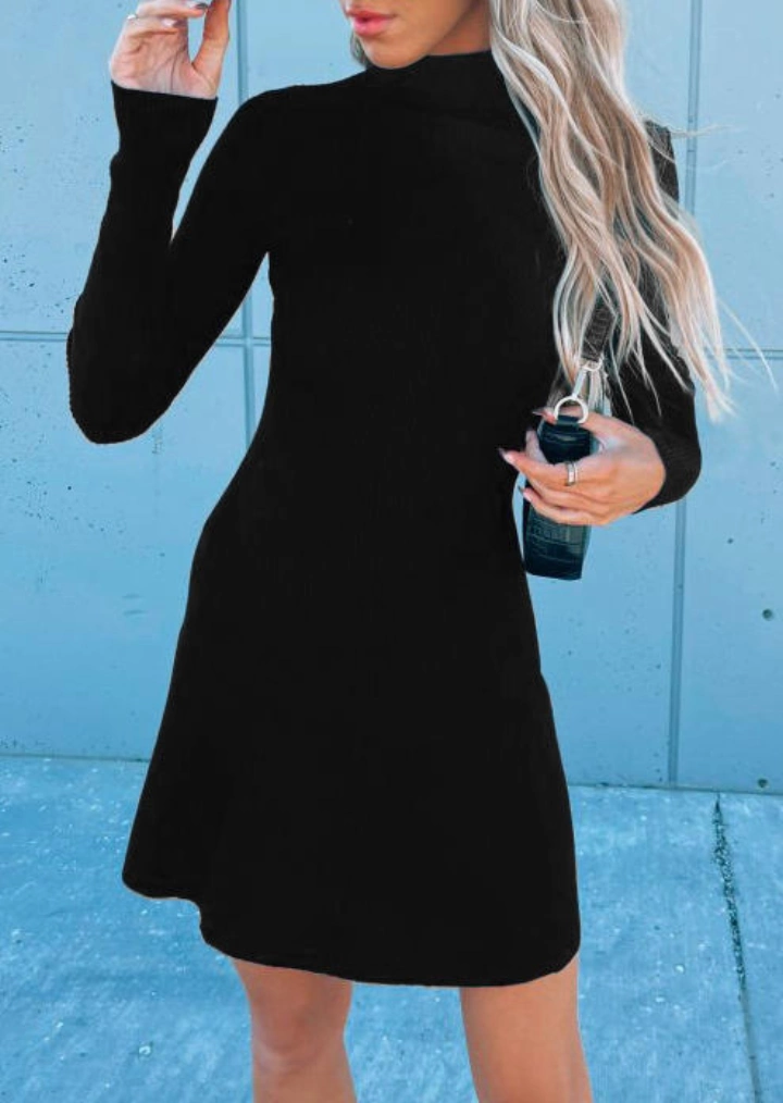 Knitted Long Sleeve Mini Dress - Black #1