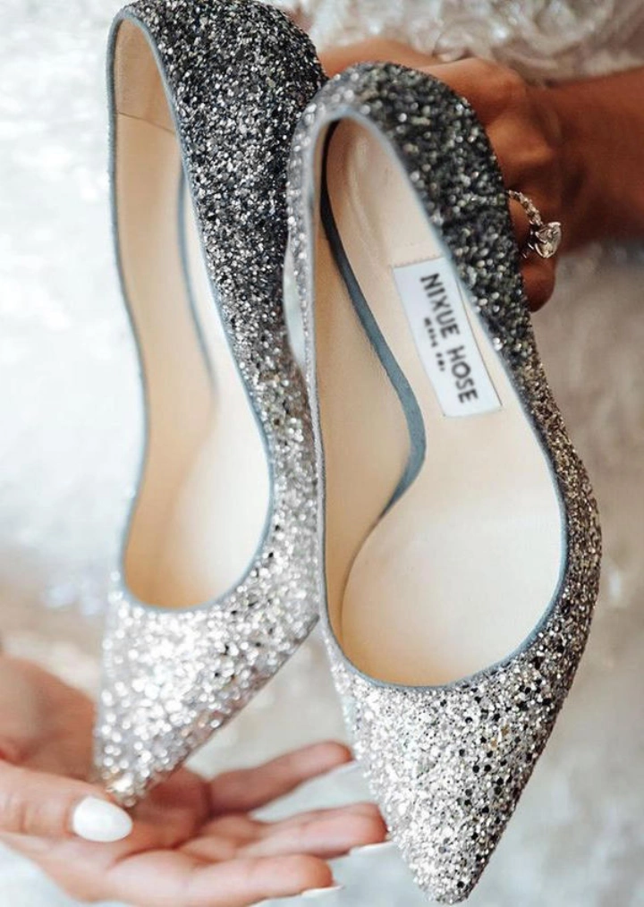 Glitter Pointed Toe Heels - Silver #5