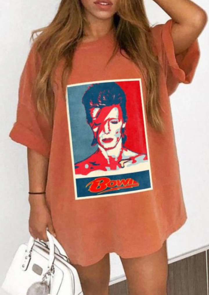 Σλόγκαν Graphic O-Neck T-Shirt Tee-Πορτοκαλί #1