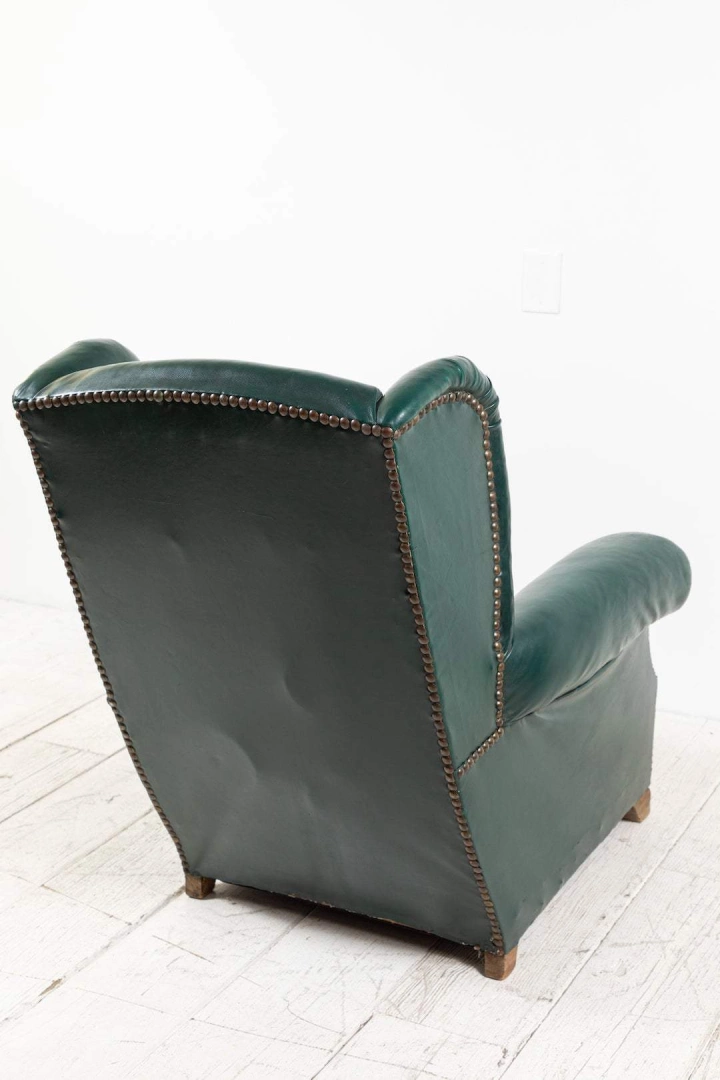 Pair Of French Green Leather Wingback Chairs #5