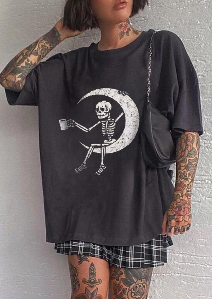 Halloween Skeleton Moon Drink T - Shirt T-Shirt-Zwart #2