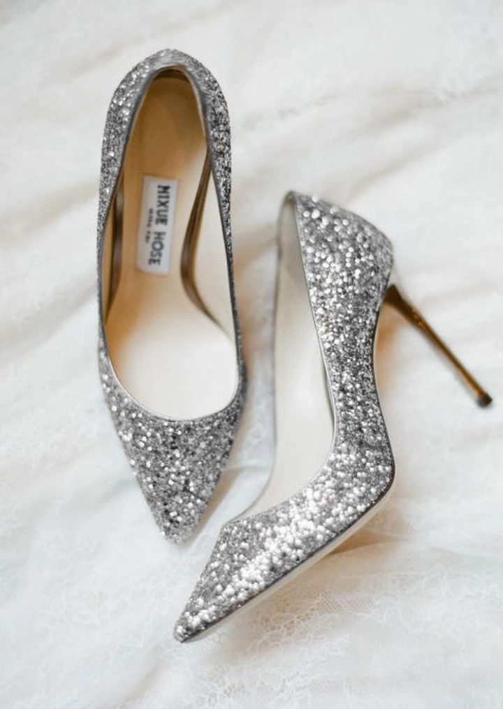 Glitter Pointed Toe Heels - Silver #6