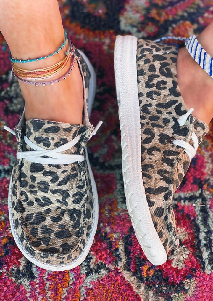 Leopard Lace Up Round Toe Επίπεδη Πάνινα Παπούτσια #3