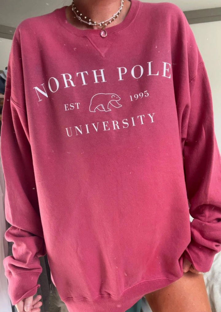 North Pole Pole University Bear Christmas Sweat-Peach Red #1