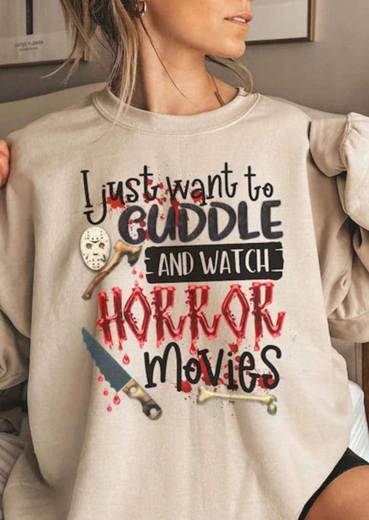 Memeluk Halloween Dan Menonton Film Horor Sweathershirt-Aprikot #1