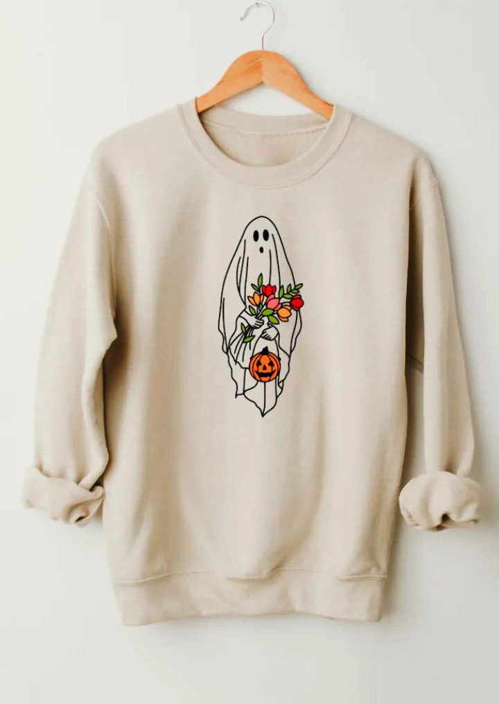 Halloween Pumpkin Ghost Floral Sweatshirt - Beige #6