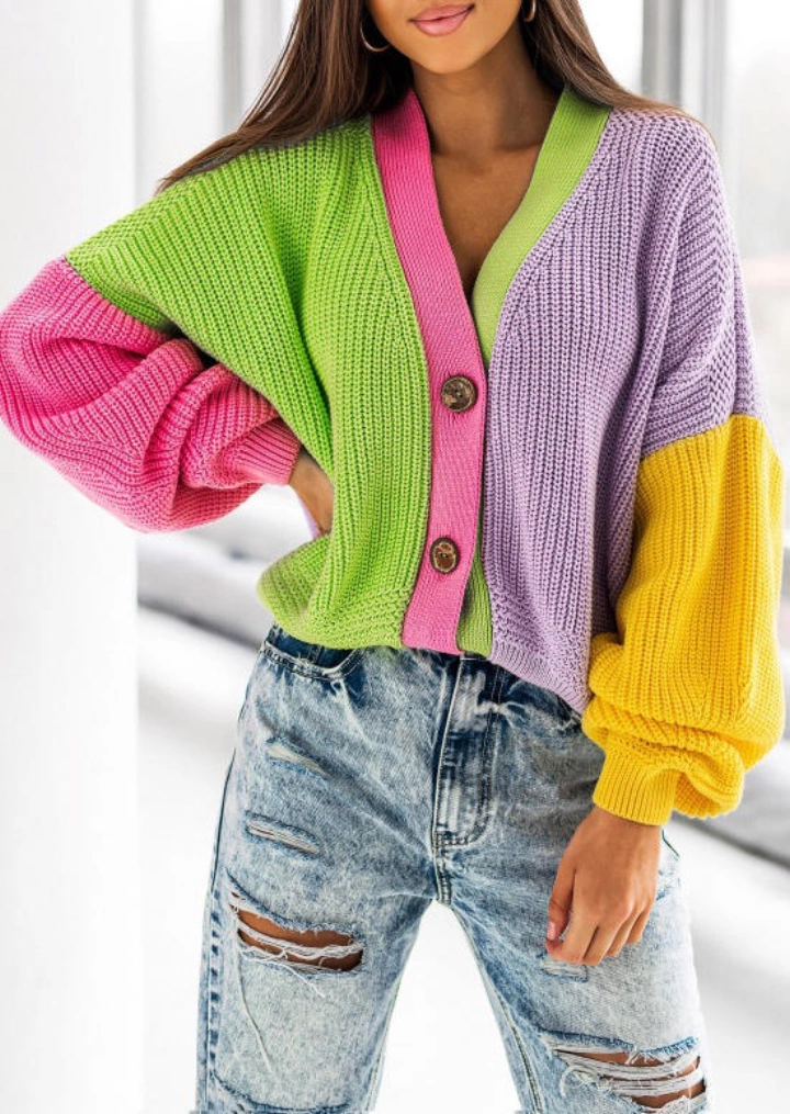 Color Block Long Sleeve Sweater Cardigan - Fluorescent Green #1