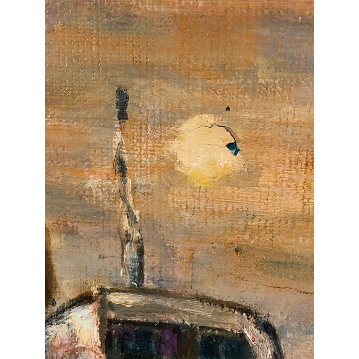 Vintage Oil on Canvas Landscape Sunset on Marina Signed Honda #3