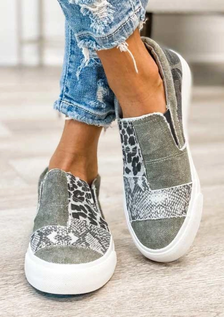 Leopard Snake Skin Camouflage Splicing Flat Canvas Sneakers-Grijs #3