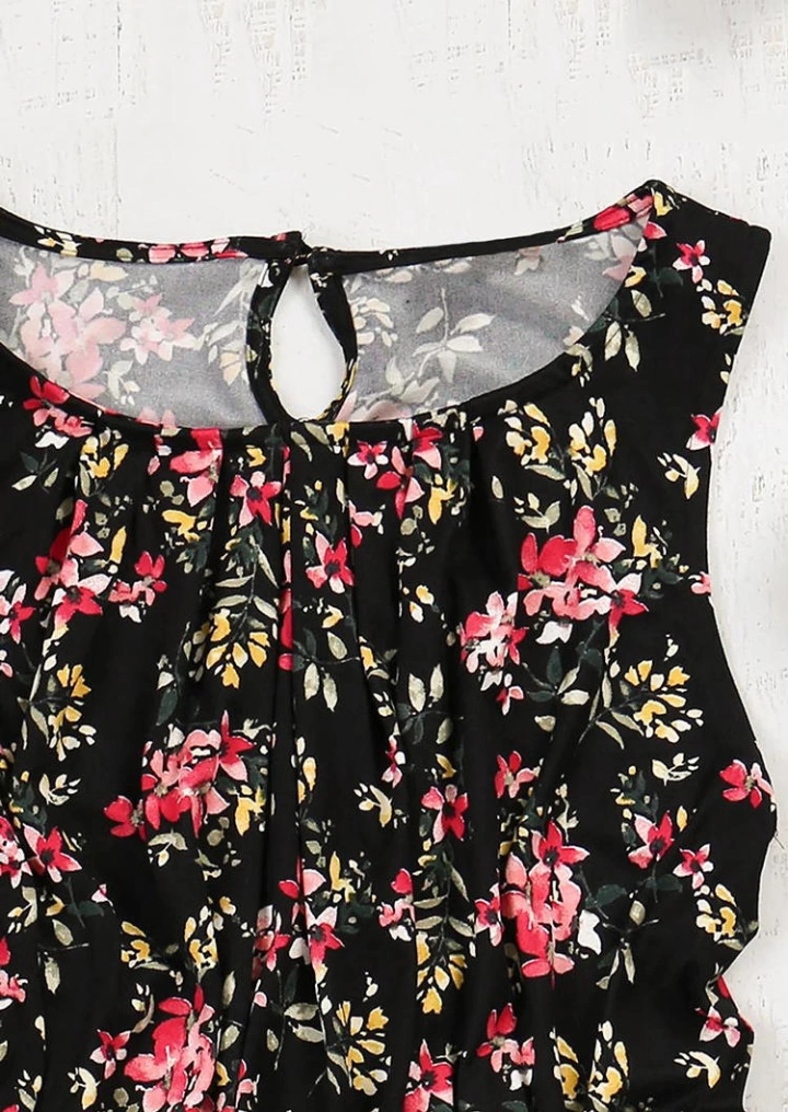 Floral Ruffled Cut Out Tank - Black #3