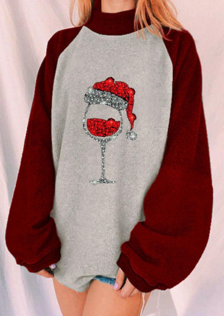 Cappello di Natale bicchiere di vino manica lunga felpa-Grigio chiaro #1