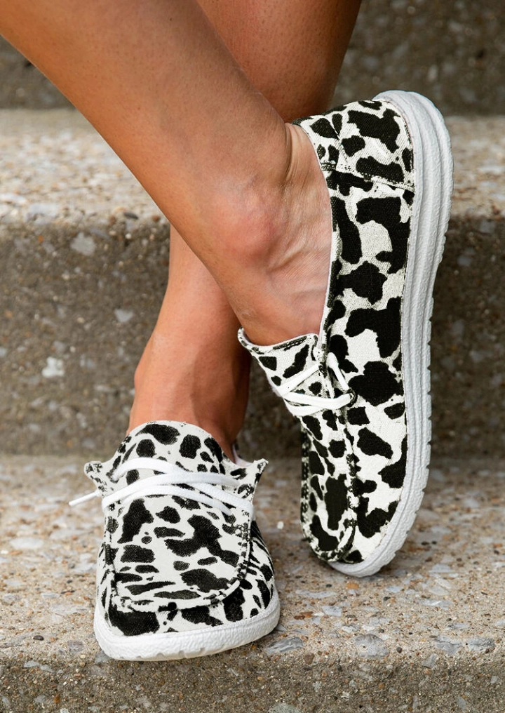 Cow Print Lace Up Round Toe Flat Sneakers #4