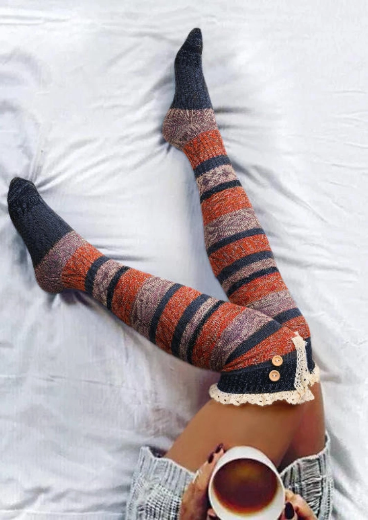 Χρώμα Μπλοκ Ριγέ Κουμπί Δαντέλα Πάνω Από Κάλτσες Γόνατ&omi #2