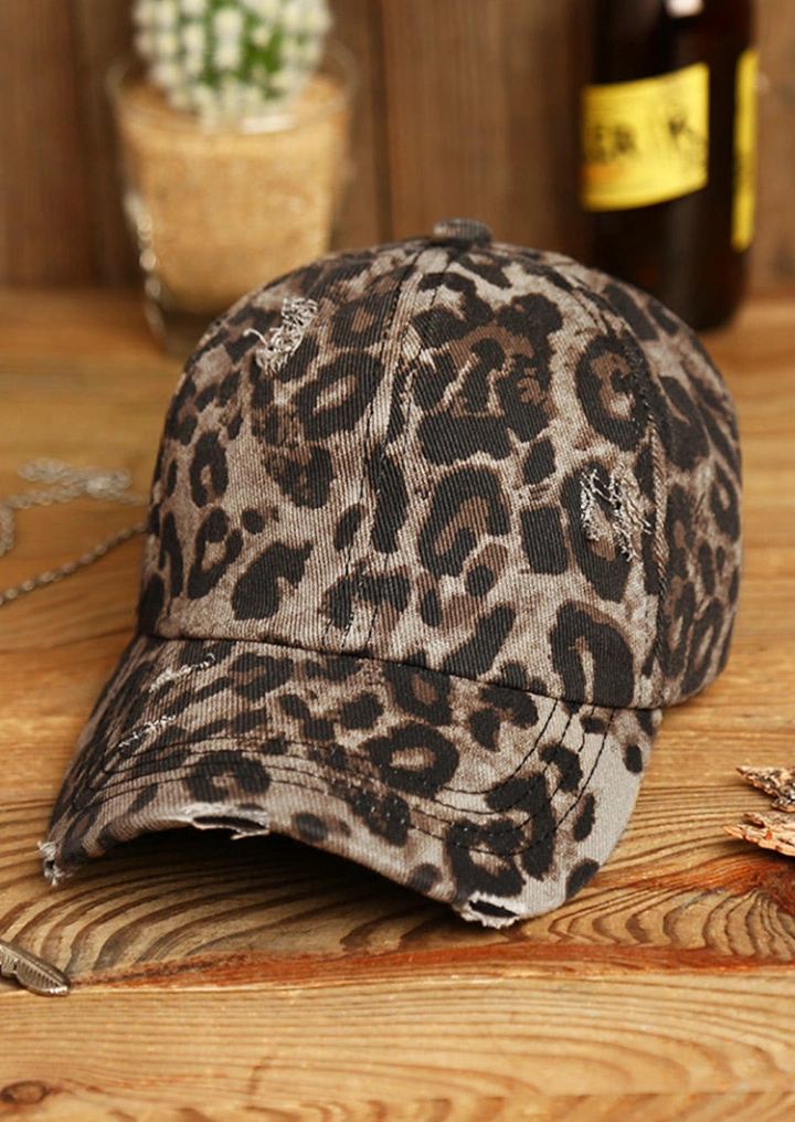 Leopard Criss-Cross Hollow Out Ripped Washed Baseball Cap #6