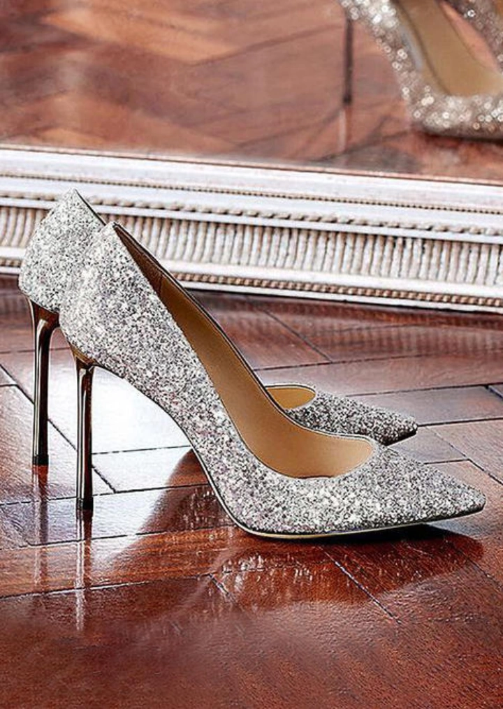 Glitter Pointed Toe Heels - Silver #7